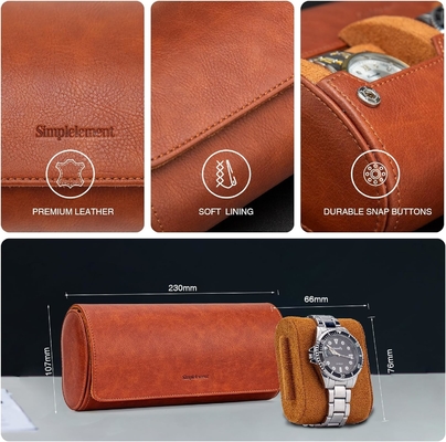 Bolsa de viagem, rolo de relógio para 3 relógios, couro falso premium, embalagem de caixa de presente