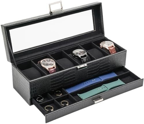 ProCase Organizador de caixa de relógio para homens, caixa de visualização de relógio de 6 ranhuras com gaveta, presente do dia do pai