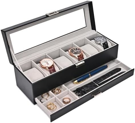 ProCase Organizador de caixa de relógio para homens, caixa de visualização de relógio de 6 ranhuras com gaveta, presente do dia do pai