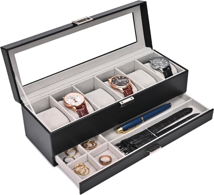 ProCase Organizador de caixa de relógio para homens, caixa de visualização de relógio de 6 ranhuras com gaveta, presente do dia do pai