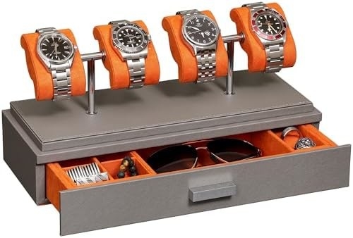 ROTHWELL Luxury Watch Display Case para 4 relógios caixa de relógio de couro com cobertura acrílica e deslizador removível em almofadas