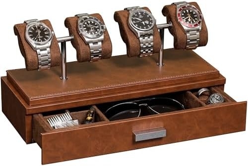 ROTHWELL Luxury Watch Display Case para 4 relógios caixa de relógio de couro com cobertura acrílica e deslizador removível em almofadas