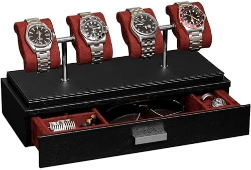 ROTHWELL Luxury Watch Display Case para 4 relógios caixa de relógio de couro com cobertura acrílica e deslizador removível em almofadas