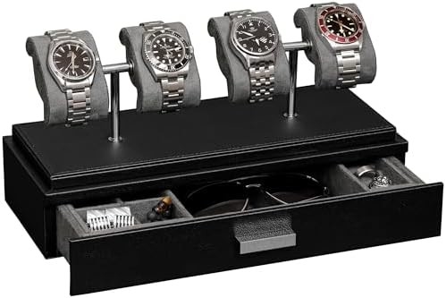 ROTHWELL Luxury Watch Display Case para 4 relógios caixa de relógio de couro com cobertura acrílica e deslizador removível em almofadas