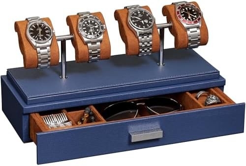 ROTHWELL Luxury Watch Display Case para 4 relógios caixa de relógio de couro com cobertura acrílica e deslizador removível em almofadas