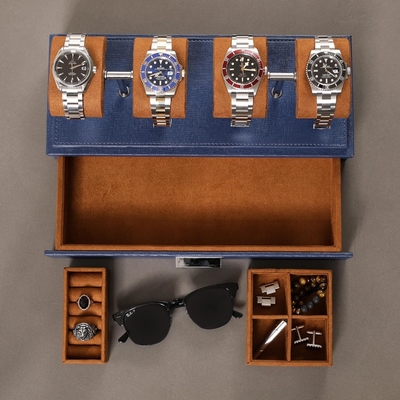 ROTHWELL Luxury Watch Display Case para 4 relógios caixa de relógio de couro com cobertura acrílica e deslizador removível em almofadas