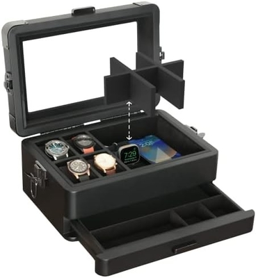 CASE ELEGANCE Militar 10 Slot Watch Box Case Organizer para Homens, Top de Vidro Real, Modular Valet Tray,