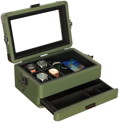 CASE ELEGANCE Militar 10 Slot Watch Box Case Organizer para Homens, Top de Vidro Real, Modular Valet Tray,