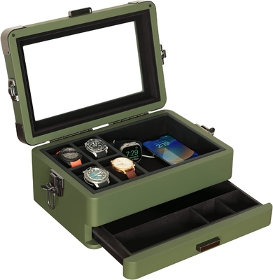 CASE ELEGANCE Militar 10 Slot Watch Box Case Organizer para Homens, Top de Vidro Real, Modular Valet Tray,
