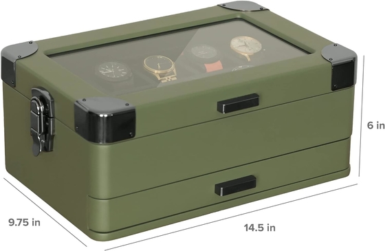CASE ELEGANCE Militar 10 Slot Watch Box Case Organizer para Homens, Top de Vidro Real, Modular Valet Tray,