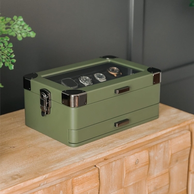 CASE ELEGANCE Militar 10 Slot Watch Box Case Organizer para Homens, Top de Vidro Real, Modular Valet Tray,