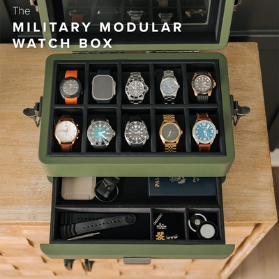 CASE ELEGANCE Militar 10 Slot Watch Box Case Organizer para Homens, Top de Vidro Real, Modular Valet Tray,