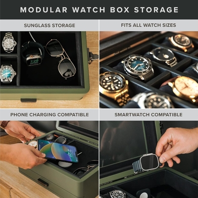 CASE ELEGANCE Militar 10 Slot Watch Box Case Organizer para Homens, Top de Vidro Real, Modular Valet Tray,