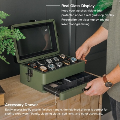 CASE ELEGANCE Militar 10 Slot Watch Box Case Organizer para Homens, Top de Vidro Real, Modular Valet Tray,