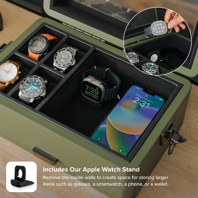 CASE ELEGANCE Militar 10 Slot Watch Box Case Organizer para Homens, Top de Vidro Real, Modular Valet Tray,