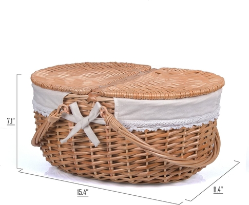 Cesto de piquenique de vime com tampa e alça corpo tecido resistente com revestimento lavável para Páscoa, Dia da Mãe, acampamento ao ar livre