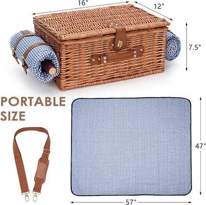Cesto de piquenique de vime com tampa e alça corpo tecido resistente com revestimento lavável para Páscoa, Dia da Mãe, acampamento ao ar livre