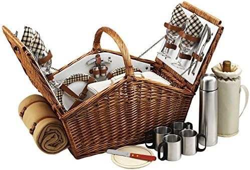 Piquenique no Ascot Huntsman. Cesto de piquenique de estilo inglês, com serviço para 4 pessoas. Set de café e cobertor.