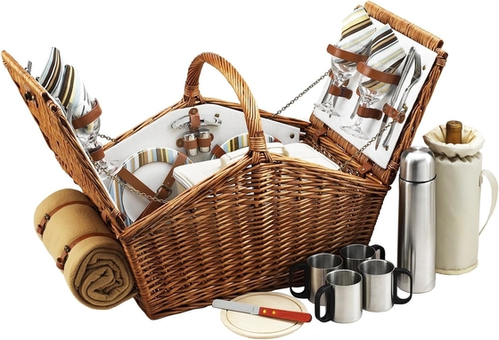 Piquenique no Ascot Huntsman. Cesto de piquenique de estilo inglês, com serviço para 4 pessoas. Set de café e cobertor.