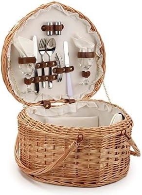 Cesto de piquenique para 2 piquenique em forma de coração Vazio tecido de vime de salgueiro de madeira Mochila de mochila caixa com cabo de cobertura de tampa