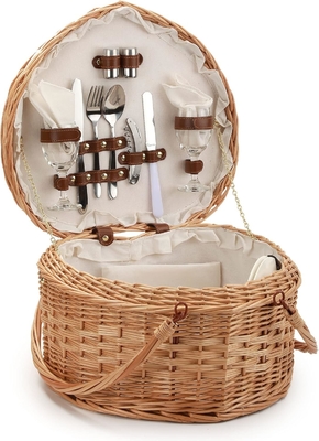 Cesto de piquenique para 2 piquenique em forma de coração Vazio tecido de vime de salgueiro de madeira Mochila de mochila caixa com cabo de cobertura de tampa