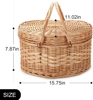 Cesto de piquenique para 2 piquenique em forma de coração Vazio tecido de vime de salgueiro de madeira Mochila de mochila caixa com cabo de cobertura de tampa