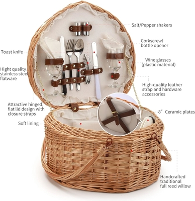 Cesto de piquenique para 2 piquenique em forma de coração Vazio tecido de vime de salgueiro de madeira Mochila de mochila caixa com cabo de cobertura de tampa