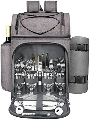 Cooler de mochila de piquenique para 4 pessoas com saco de arrefecimento à prova de vazamento, porta-vinho, cobertor de lã,
