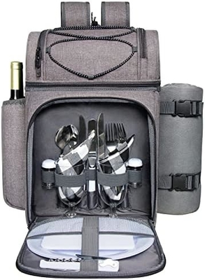 Cooler de mochila de piquenique para 4 pessoas com saco de arrefecimento à prova de vazamento, porta-vinho, cobertor de lã,