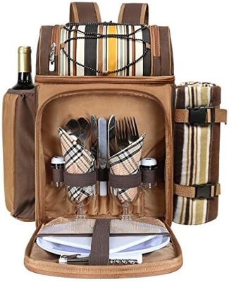 Cooler de mochila de piquenique para 4 pessoas com saco de arrefecimento à prova de vazamento, porta-vinho, cobertor de lã,