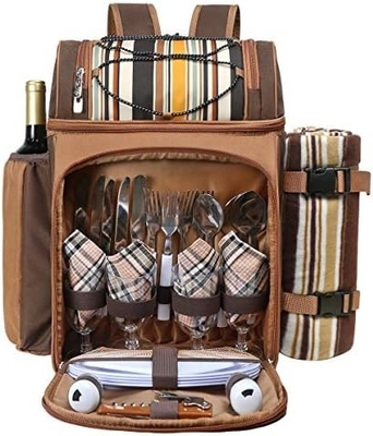 Cooler de mochila de piquenique para 4 pessoas com saco de arrefecimento à prova de vazamento, porta-vinho, cobertor de lã,