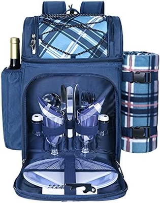 Cooler de mochila de piquenique para 4 pessoas com saco de arrefecimento à prova de vazamento, porta-vinho, cobertor de lã,
