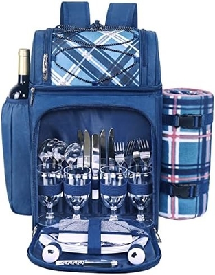 Cooler de mochila de piquenique para 4 pessoas com saco de arrefecimento à prova de vazamento, porta-vinho, cobertor de lã,