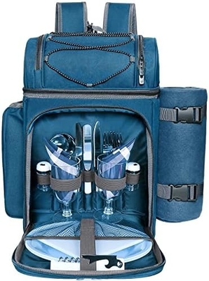 Cooler de mochila de piquenique para 4 pessoas com saco de arrefecimento à prova de vazamento, porta-vinho, cobertor de lã,