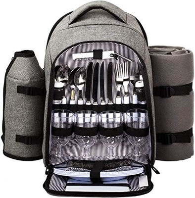 Cooler de mochila de piquenique para 4 pessoas com saco de arrefecimento à prova de vazamento, porta-vinho, cobertor de lã,