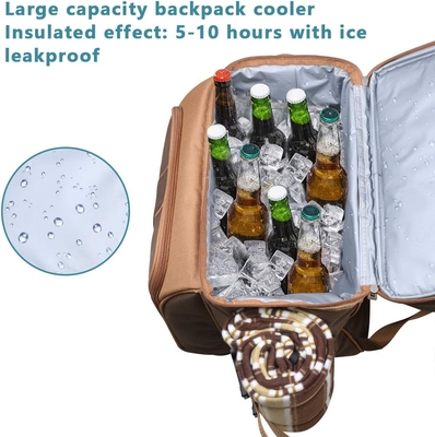 Cooler de mochila de piquenique para 4 pessoas com saco de arrefecimento à prova de vazamento, porta-vinho, cobertor de lã,