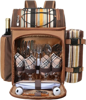Cooler de mochila de piquenique para 4 pessoas com saco de arrefecimento à prova de vazamento, porta-vinho, cobertor de lã,