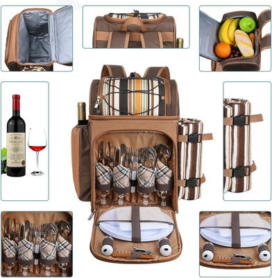 Cooler de mochila de piquenique para 4 pessoas com saco de arrefecimento à prova de vazamento, porta-vinho, cobertor de lã,
