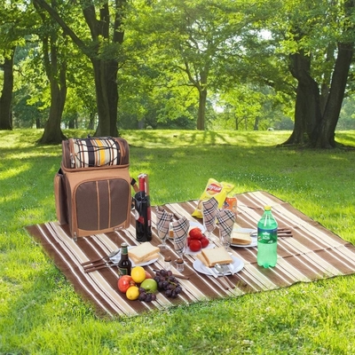 Cooler de mochila de piquenique para 4 pessoas com saco de arrefecimento à prova de vazamento, porta-vinho, cobertor de lã,