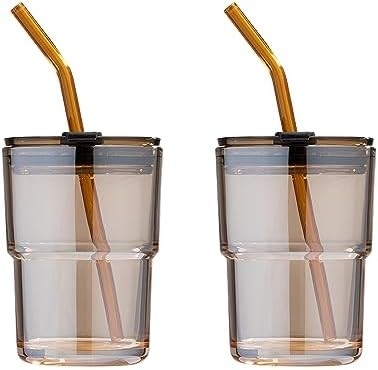 Copo de água de 13 oz/400 ml, copos com palha e tampa selada Carregar para o café, chá gelado, vidro isolado de parede espessa