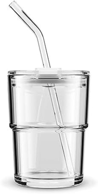 Copo de água de 13 oz/400 ml, copos com palha e tampa selada Carregar para o café, chá gelado, vidro isolado de parede espessa