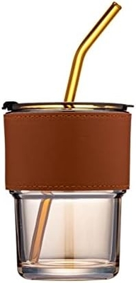 Copo de água de 13 oz/400 ml, copos com palha e tampa selada Carregar para o café, chá gelado, vidro isolado de parede espessa