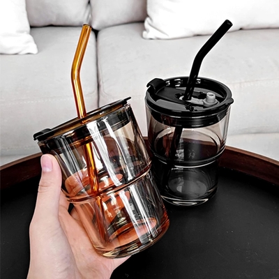 Copo de água de 13 oz/400 ml, copos com palha e tampa selada Carregar para o café, chá gelado, vidro isolado de parede espessa