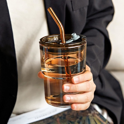 Copo de água de 13 oz/400 ml, copos com palha e tampa selada Carregar para o café, chá gelado, vidro isolado de parede espessa