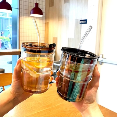 Copo de água de 13 oz/400 ml, copos com palha e tampa selada Carregar para o café, chá gelado, vidro isolado de parede espessa