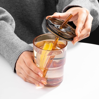 Copo de água de 13 oz/400 ml, copos com palha e tampa selada Carregar para o café, chá gelado, vidro isolado de parede espessa