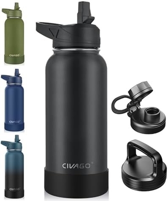 32 oz garrafa de água isolada com palha, de aço inoxidável, biberão esportivo de água com 3 tampas (palha, boca e tampa do cabo)