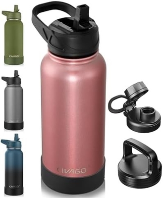 32 oz garrafa de água isolada com palha, de aço inoxidável, biberão esportivo de água com 3 tampas (palha, boca e tampa do cabo)
