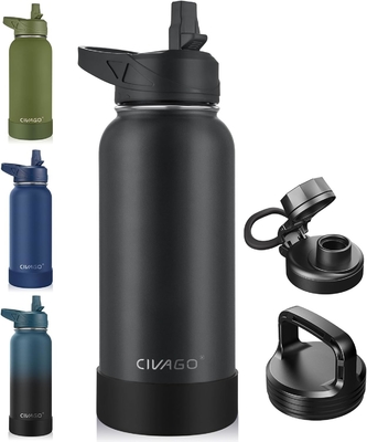 32 oz garrafa de água isolada com palha, de aço inoxidável, biberão esportivo de água com 3 tampas (palha, boca e tampa do cabo)