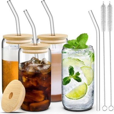 4 conjuntos de copos de vidro com tampas e canudos 16 oz, conjunto de copos para beber, taça de café gelado com tampas de bambu,
